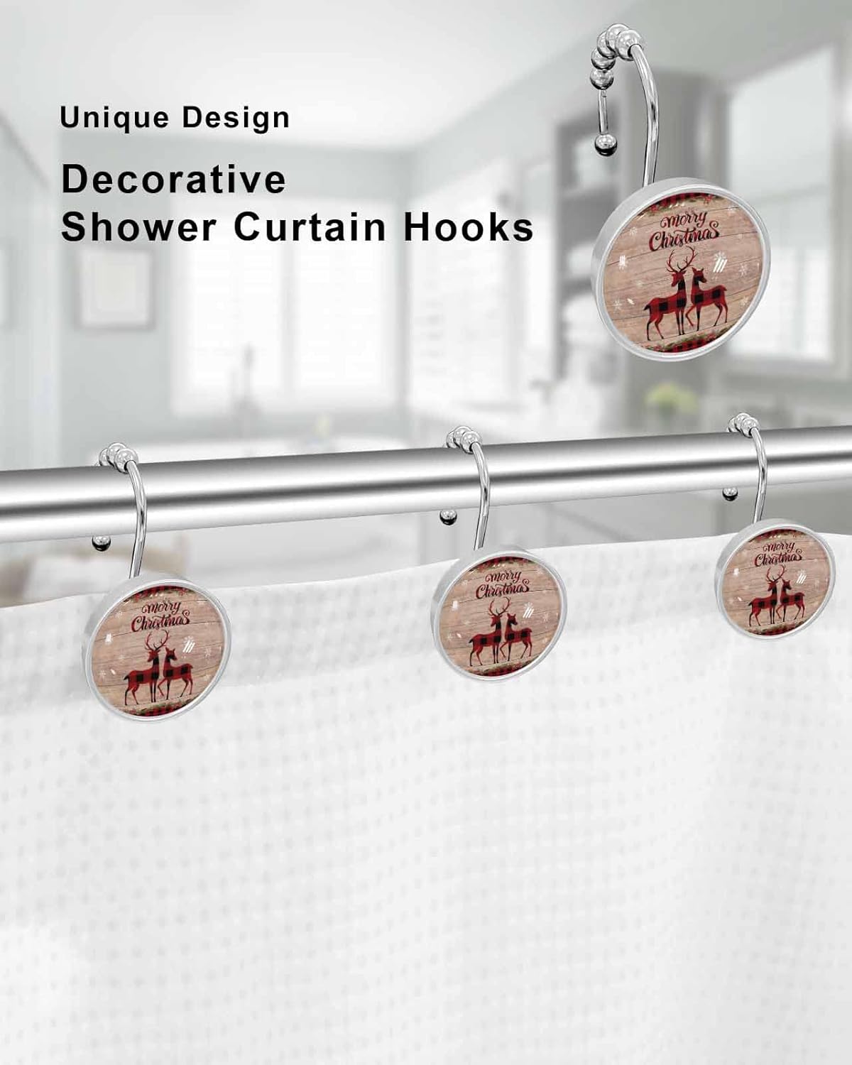 Shower Curtain Hooks,Stainless Steel Shower Curtain Rings Merry Christmas Buffalo Check Plaid Reindeer Rustic Wooden Crystal Glass Design Rust-Resistant Decorative Shower Curtain Hooks for Bathroom