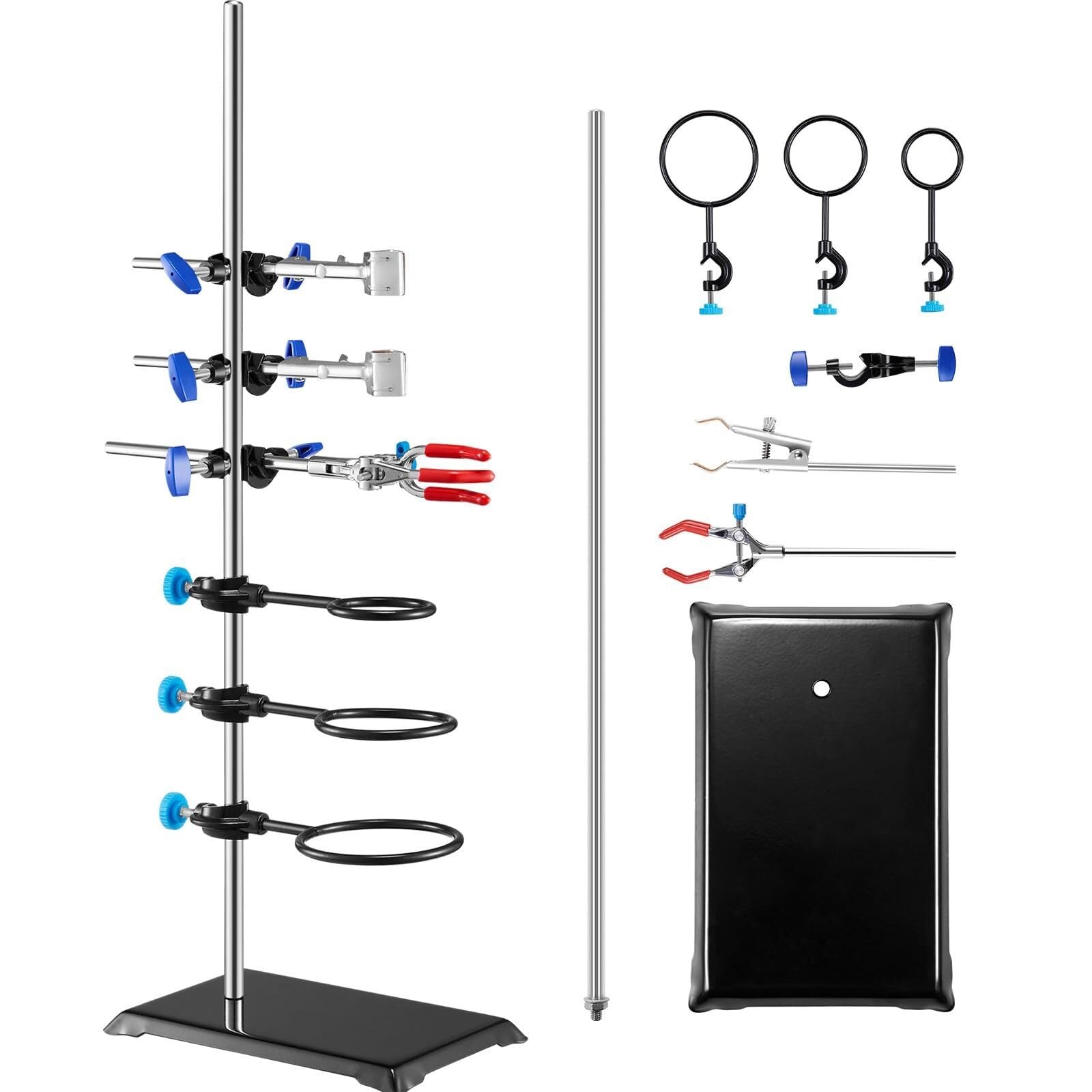 Laborstativ-Set mit 60 cm Stahlstange, gusseiserner Basis, Kolbenklemmen, Bürettenklemme und Kreuzklemmen