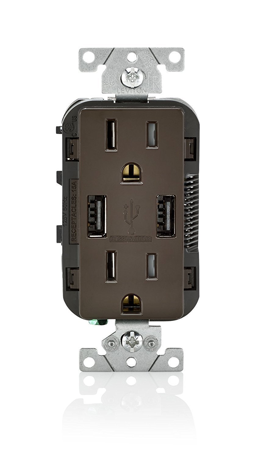 Leviton T5632-B USB Charger/Tamper-Resistant Duplex Receptacle, 15-Amp, 2-Pack, Brown