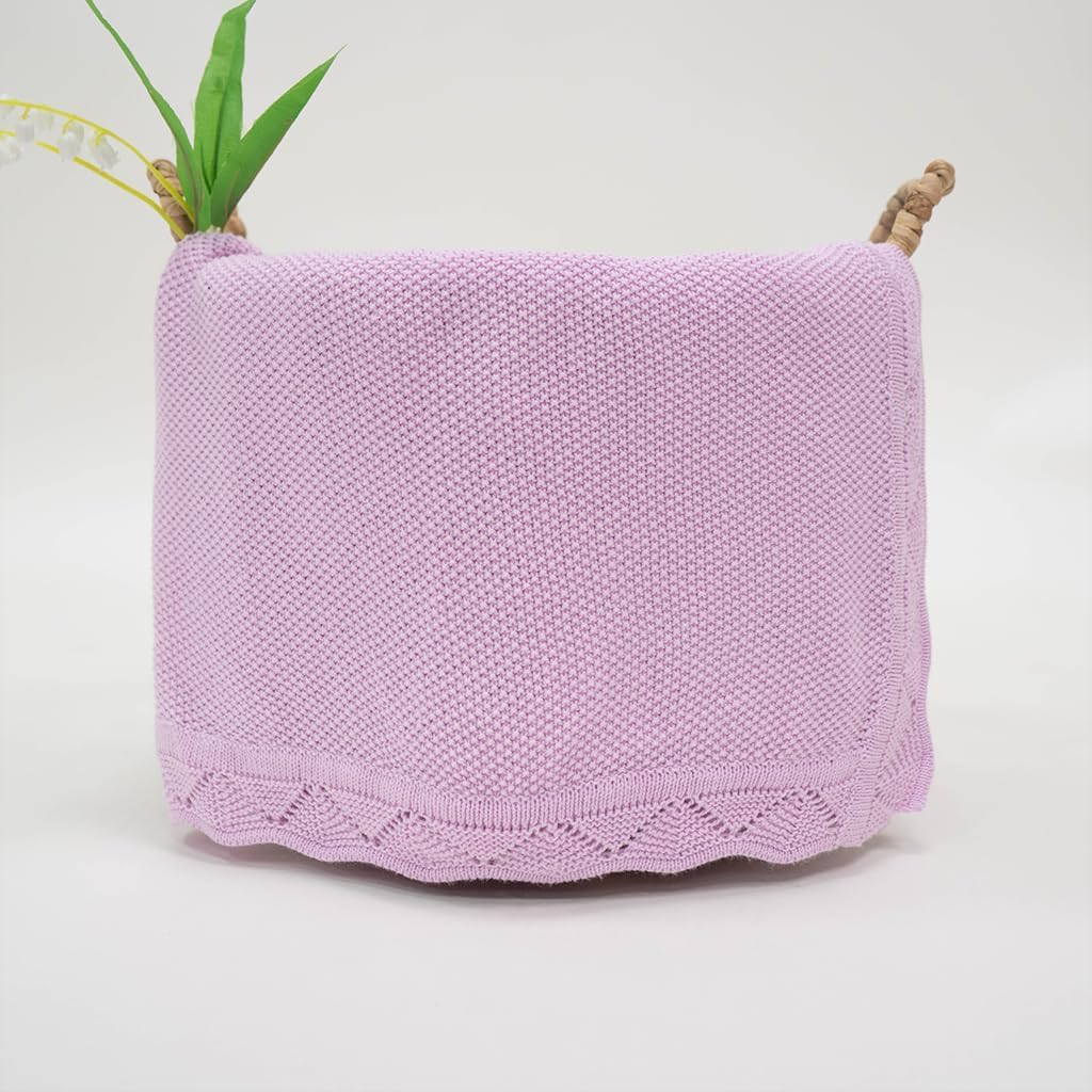 Baby Knit Blanket Soft Breathable Cotton Scallop Border Blankets Newborn Knitted Blanket Swaddle Blankets Gifts for Baby Newborn Toddler Shower Boy Girl New Mom Birthday Christmas Lilac 30x30