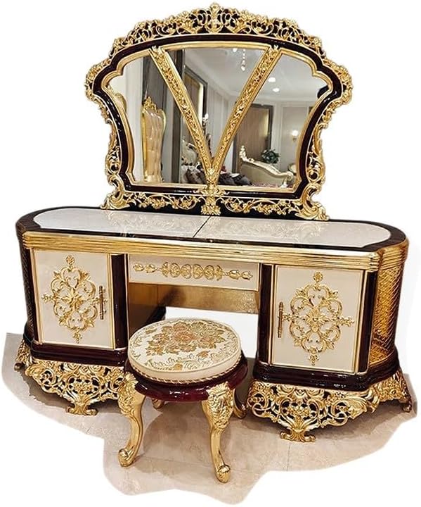 Vanity Desk French Dressing Table, All Solid Wood Carved with Gold Foil, Villa, Bedroom, Storage Cabinet