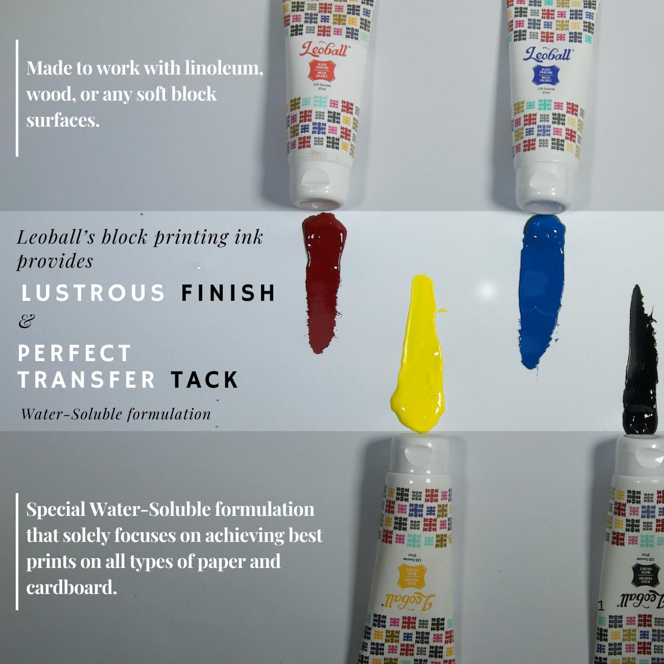 Leoball® Water-Soluble Block Printing Ink Starter Set: 4-Color Included (Black, Red, Blue, Yellow) - 1.25 Ounce Tube Each