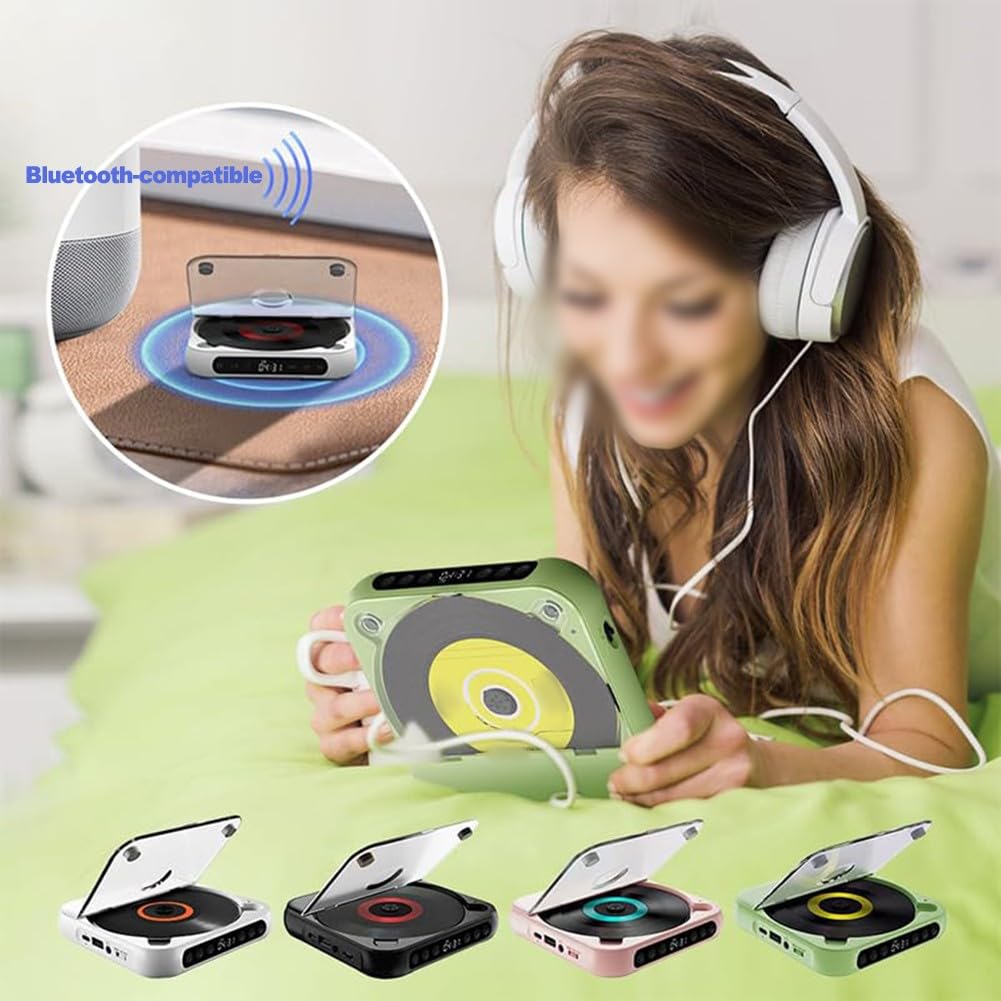 Lettore CD portatile con suono -Fi, batteria ricaricabile, riproduzione wireless e cablata, per design compatto, per auto da casa, viaggi, bianco, nero, rosa, verde