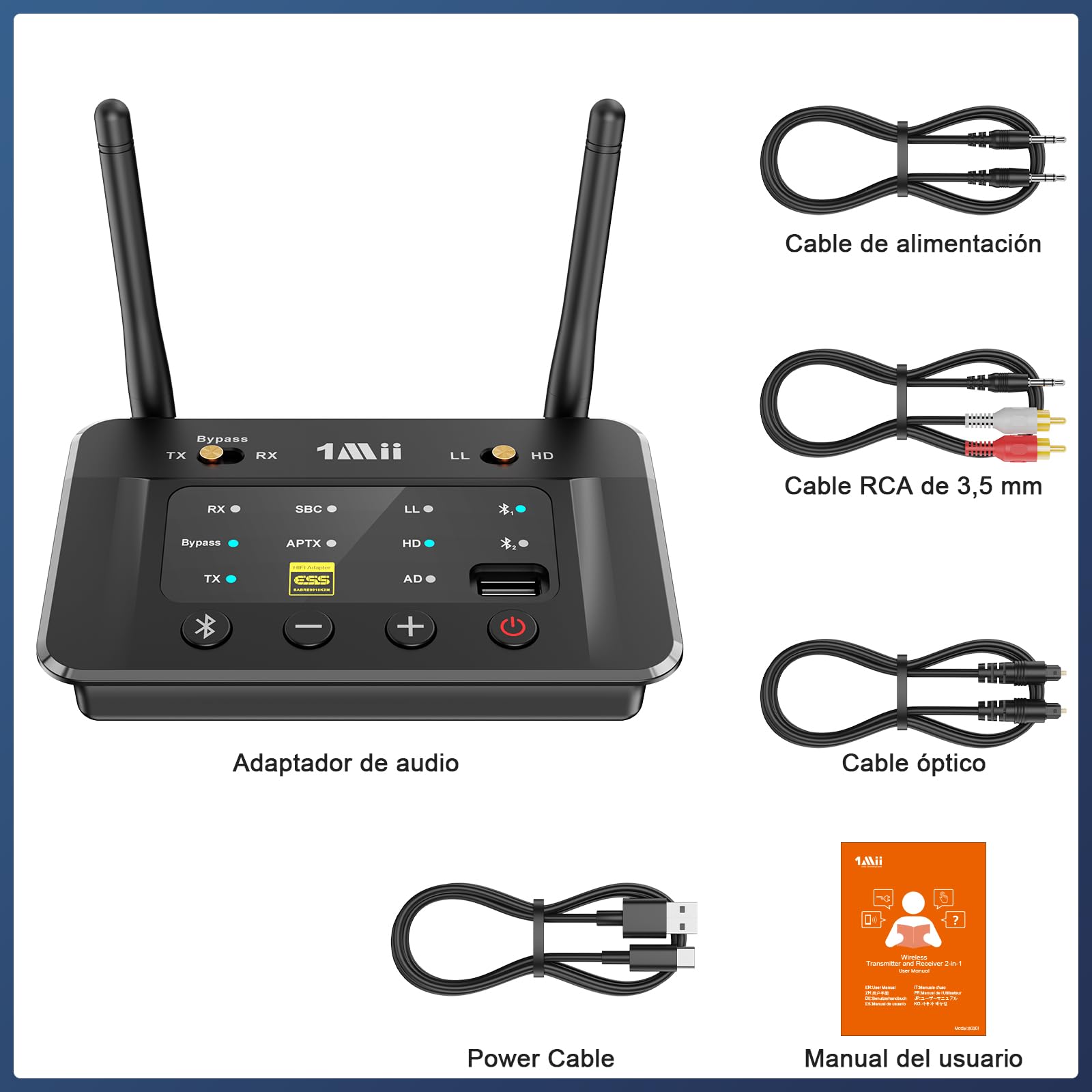 1Mii B03S Transmisor Receptor Bluetooth 5.3 para TV a 2 Auriculares, Emisor Adaptador Bluetooth Audio HiFi con aptX LL/HD/AD/ESS DAC Chip para Estéreo, Óptico/Jack 3.5mm AUX(RCA), Largo Alcance