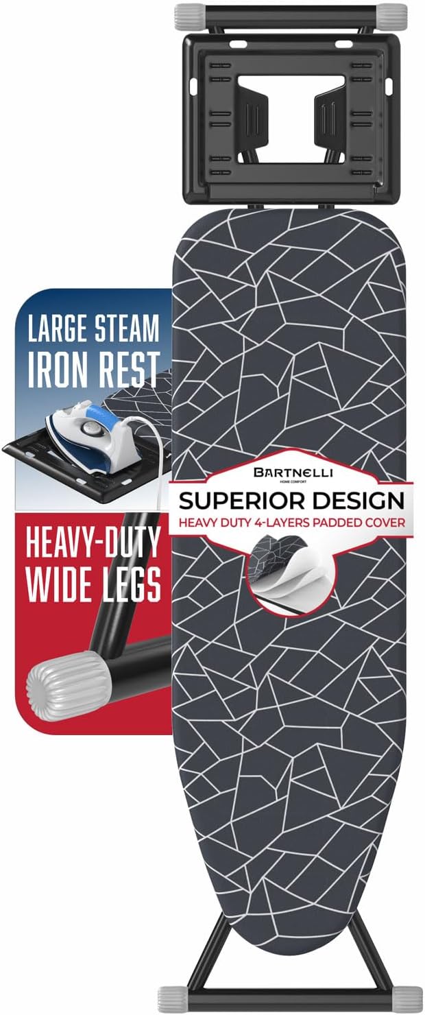 Bartnelli Ironing Board | Space-Saving and Ultimate Iron Board Experience 13x43 | Reinforced Steel Legs, Adjustable Height, 4-Layer Padding, Patent Folding System, with Convenient Iron/Steam Rest