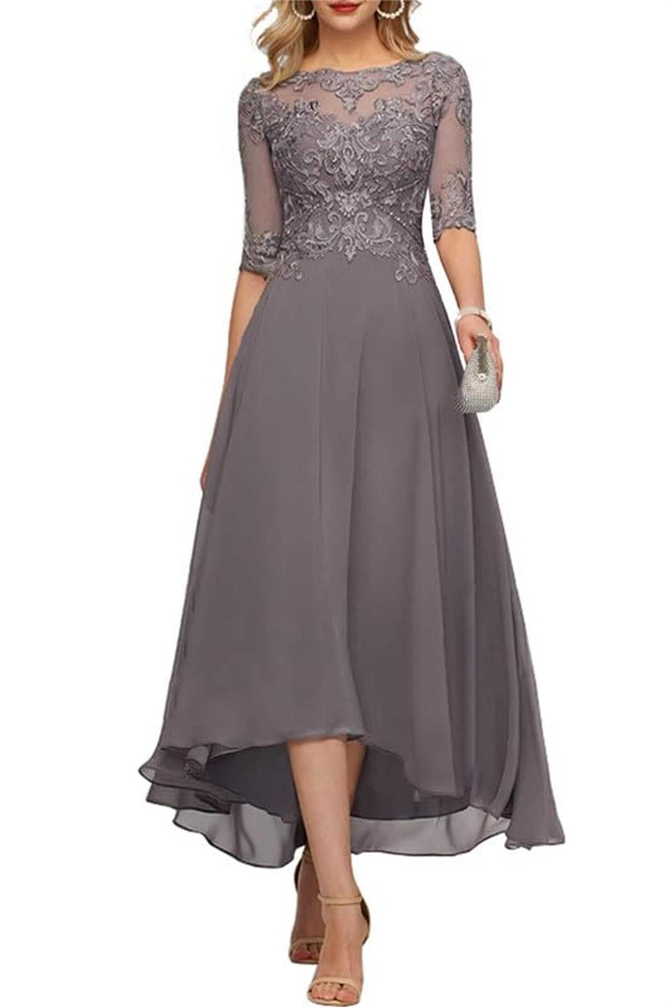 Tee Länge Brautmutterkleider Spitze Kleider für die Mutter der Braut Damen Elegant Chiffon A-Linie Abendkleid mit 1/2 Ärmel