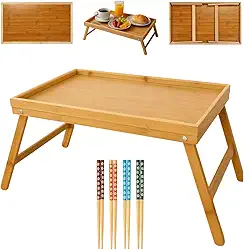 Mesa Bandeja Dobrável de Bambu para Cama e Sofá + Jogo de Hashi Bambu 4 Pares– Café da Manhã, Notebook, Refeições e Leitura – Portátil, Leve e Elegante com Pés Retráteis