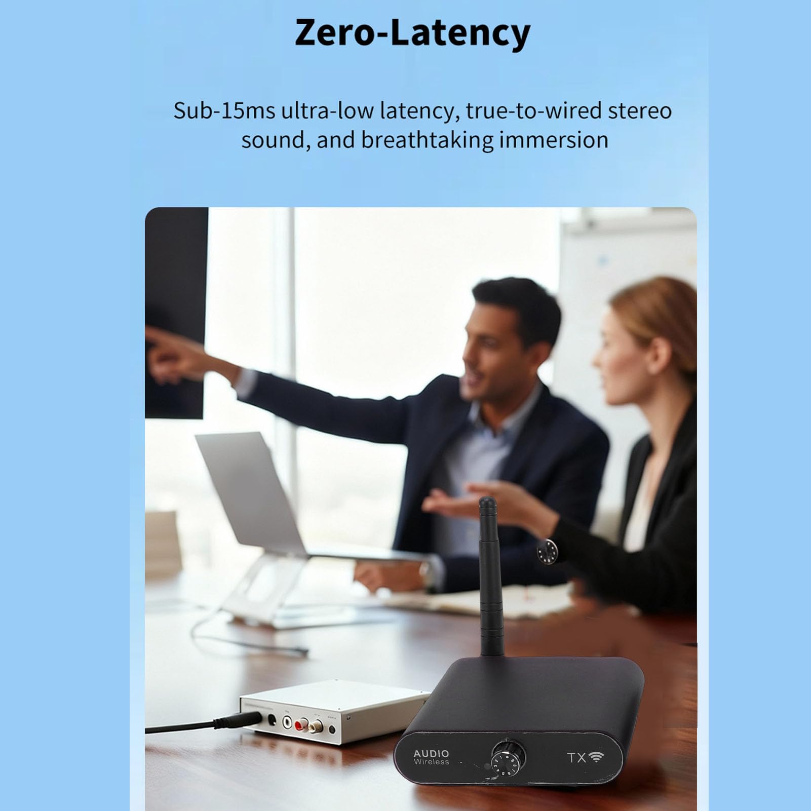 Fabater Bezprzewodowy Nadajnik i Odbiornik Audio 2,4 GHz, odległość 100 M, Zerowe Opóźnienie, Zestaw Bezprzewodowych Adapterów Dźwięku HiFi z 2 Odbiornikami do Głośnika