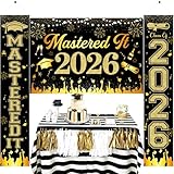 JOYMEMO Black and Gold Masters Graduation Decorations 2026, Mastered It 2026 Backdrop with Class of 2026 Mastered It Porch Banner, Masters Degree Graduation Party Supplies for Her Him Indoor Outdoor