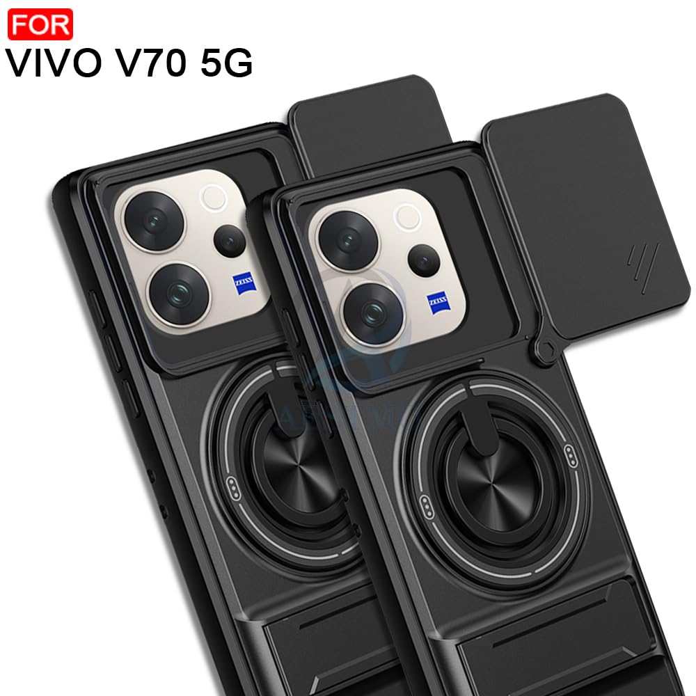 AESTMO Vivo V70 5G / V70 Elite 5G Back Cover | Armor Camera Slider 360 Degree Rotating Finger Ring Holder Case with Bracket Stand Back Case Cover (Compatible with MagSafe Accessories) (Black) — Amazon image 6