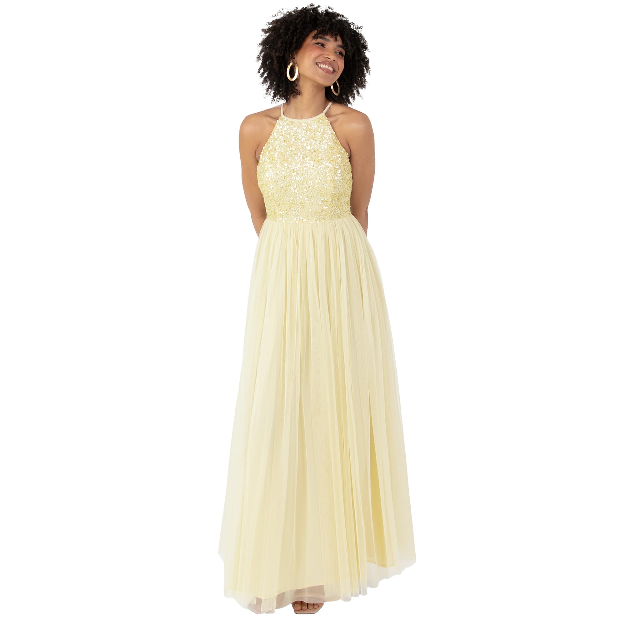 Maya Deluxe Women's Lemon Bridesmaid Maxi Dress Halter Neck Sequin Embellished Prom Graduation Wedding, 28