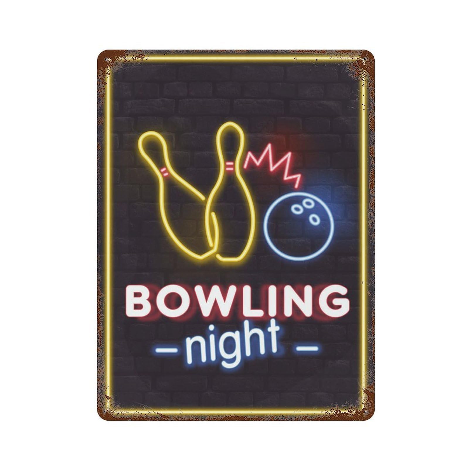 Neon Light Bowling Night 15.7"x11.8" Rustic Tin Plaque, Farmhouse Wall Decor for Basement, Hobby Room And Garage Decor