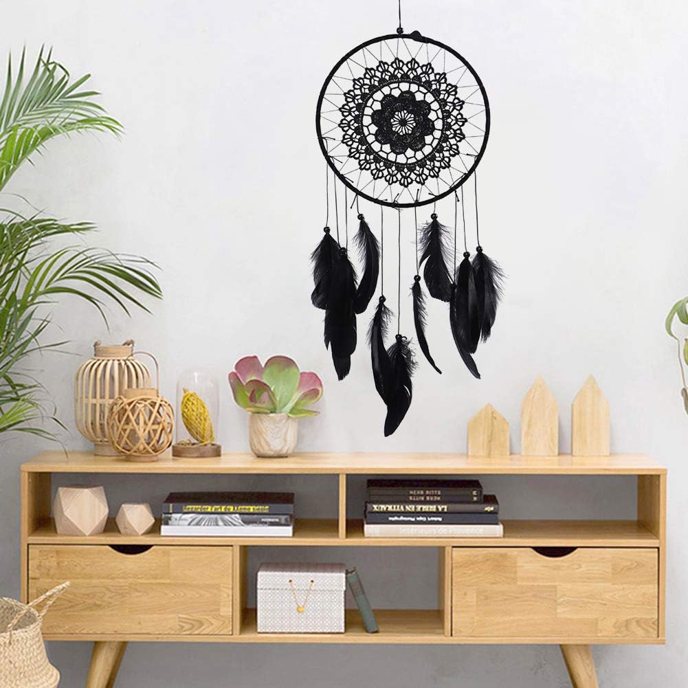 Dreamcatcher Noir Plumes Ornement Murale Décoration Chambre