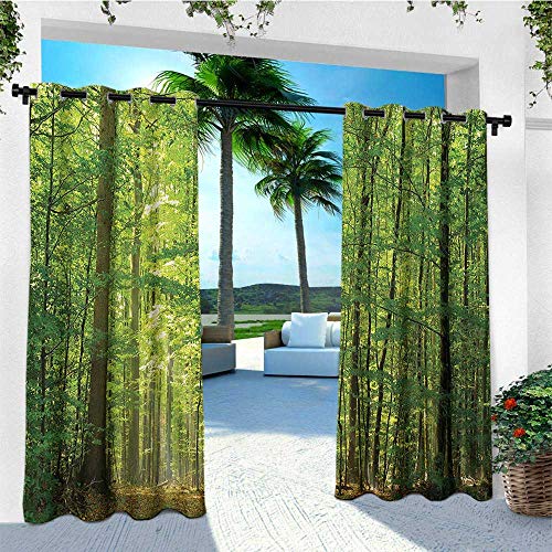 Woodland, Outdoor Curtain Extra Wide, Deciduous Forest Trees in Summertime Foliage Sun Rays Romantic Holidays Scenic Image, for Patio W120 x L108 Inch Green