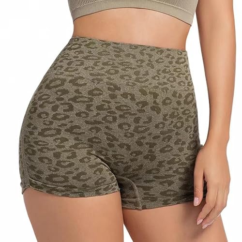 ZERAOKE Women’S Soft Stretch High Waist Leopard Print Compression Workout Shorts for Biker Yoga Running Exercise-Army Green-M