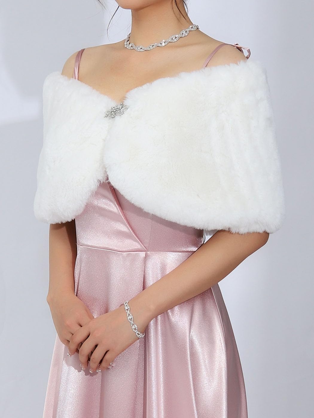 EASEDAILY Women's Faux Fur Shawls and Wraps Wedding Cape Stole Winter Cover Up with Brooch for Bride - Image 6