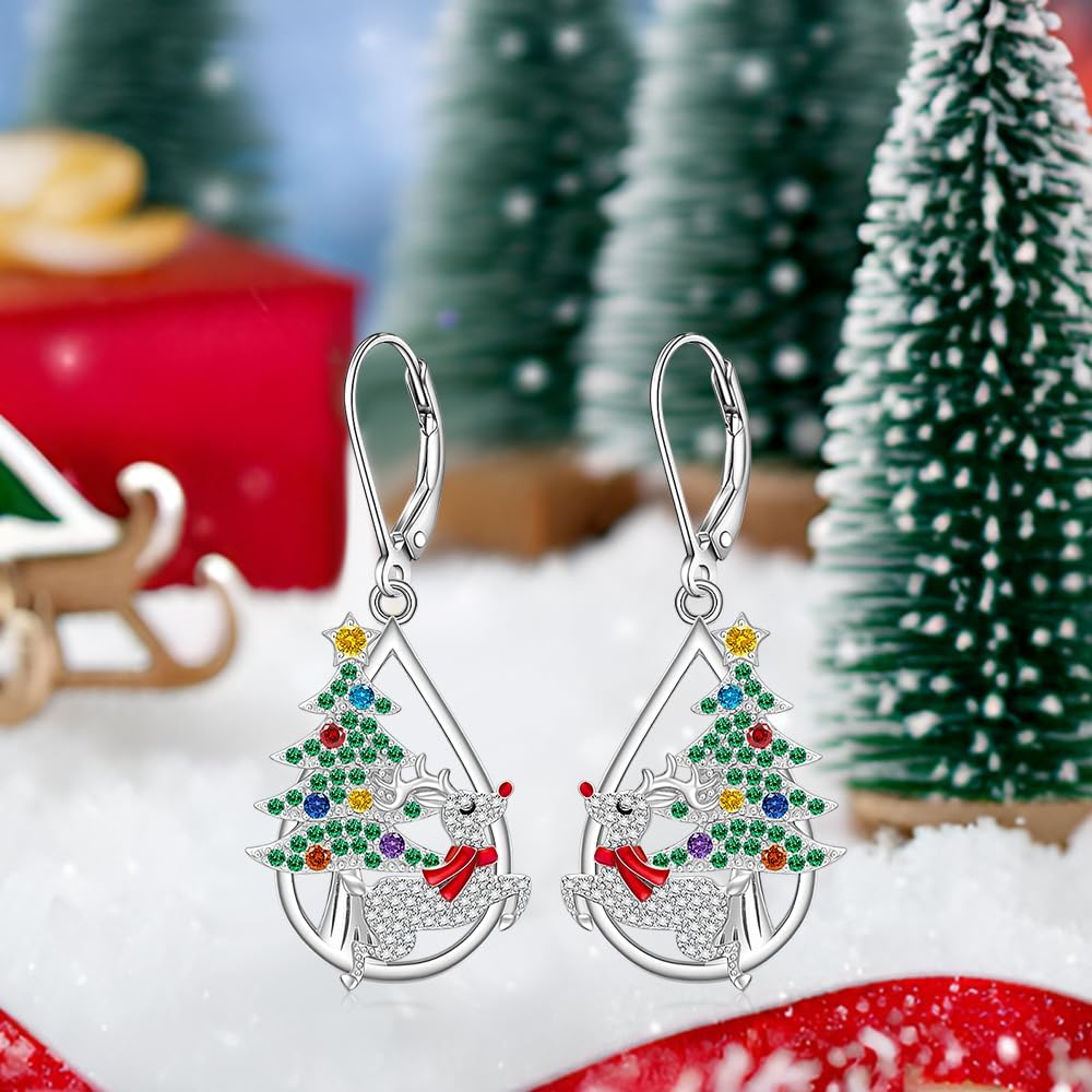 Christmas Tree Earrings Reindeer Earrings for Women S925 Sterling Silver Dangle Studs Leverback XMAS Gifts Holiday Jewelry - Image 2