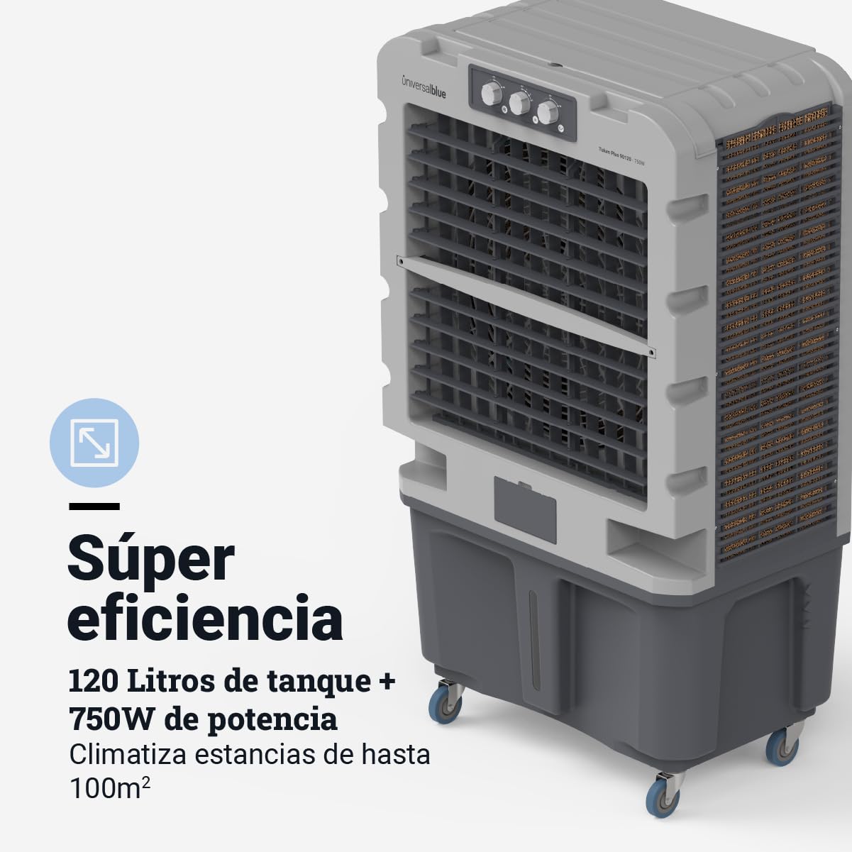 UniversalBlue, Climatizador Evaporativo 120L 750W – 13.000 m³/h, Aire Acondicionado Natural Portátil para hasta 150 m², 3 Velocidades, Oscilación, Uso Industrial y Doméstico