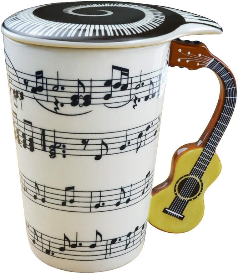 Lavezee Mug Cup With Guitar Handle And Art Musical Notes Holds 15 Oz, Tea Coffee Milk Ceramic Mug Gift For Music Lover
