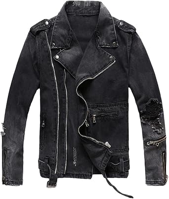 Mens Zippers Black Denim Jean Biker Jacket for Motorcycle Vintage Epaulet Holes Ripped Distressed Coat