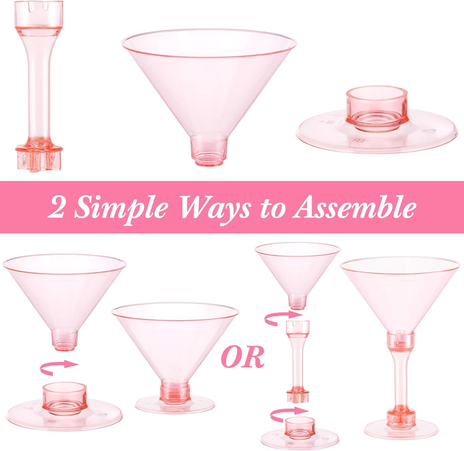Baderke 50 Pack Pink Plastic Martini Glasses, 5 oz 2-in-1 Disposable Cocktail & Dessert Cups, Detachable Unbreakable Glassware for Bachelorette Party, Wedding Reception, Bar