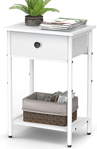 Miniatura 8 de Mesitas de noche para mesas auxiliares de espacio pequeño con cajón con estante de almacenamiento abierto de madera, mesa auxiliar rústica para