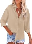 KISSMODA Womens Button Down Blouse Casual V Neck Long Sleeve Collared Shirts Business Office Plain Tops Fall Loose Blouses