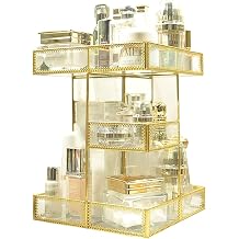Cosmetic Storage Box Mirror Glass Beauty Display Spin Large Capacity Antique Countertop Makeup Organizer for Brushes Lipsticks Skincare Toner