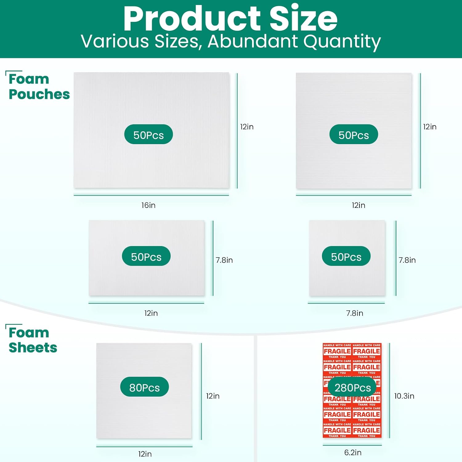 560 pcs Moving Packaging Supplies, 280 Cushioning Foam Pouches and Sheets, 4 Sizes (16x12", 12x12", 12x7.8", 7.8x7.8") with 280 Fragile Stickers, Cushion Foam Pouch for Moving, Packaging, Storage.