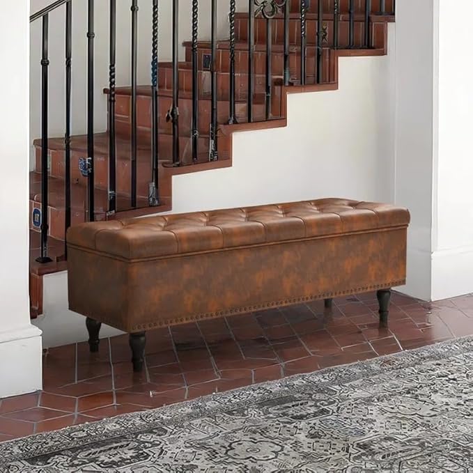 Image of LEGACY OF COMFORT Arlecia Upholstered Ottoman Bench with Storage for Living Room, Storage Chest for Sofa Couch Bedroom Entryway (Brown Leatherette)
