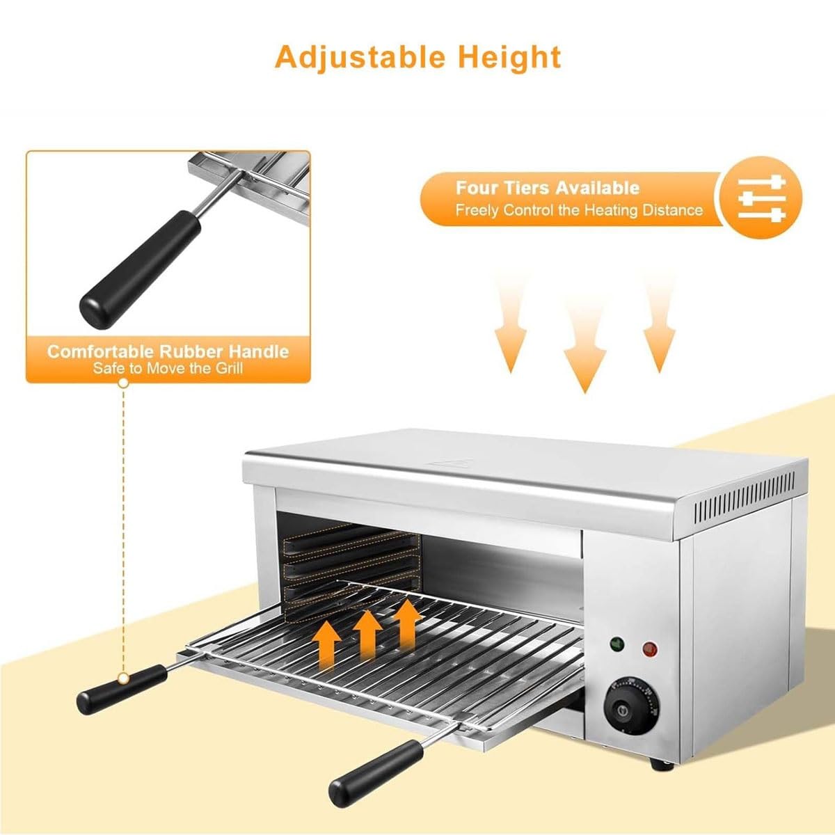 Broiler eléctrico comercial de salamandra, 2000 W, temperatura ajustable, 50 ℃-300 ℃, montaje en pared o encimera para uso doméstico y comercial
