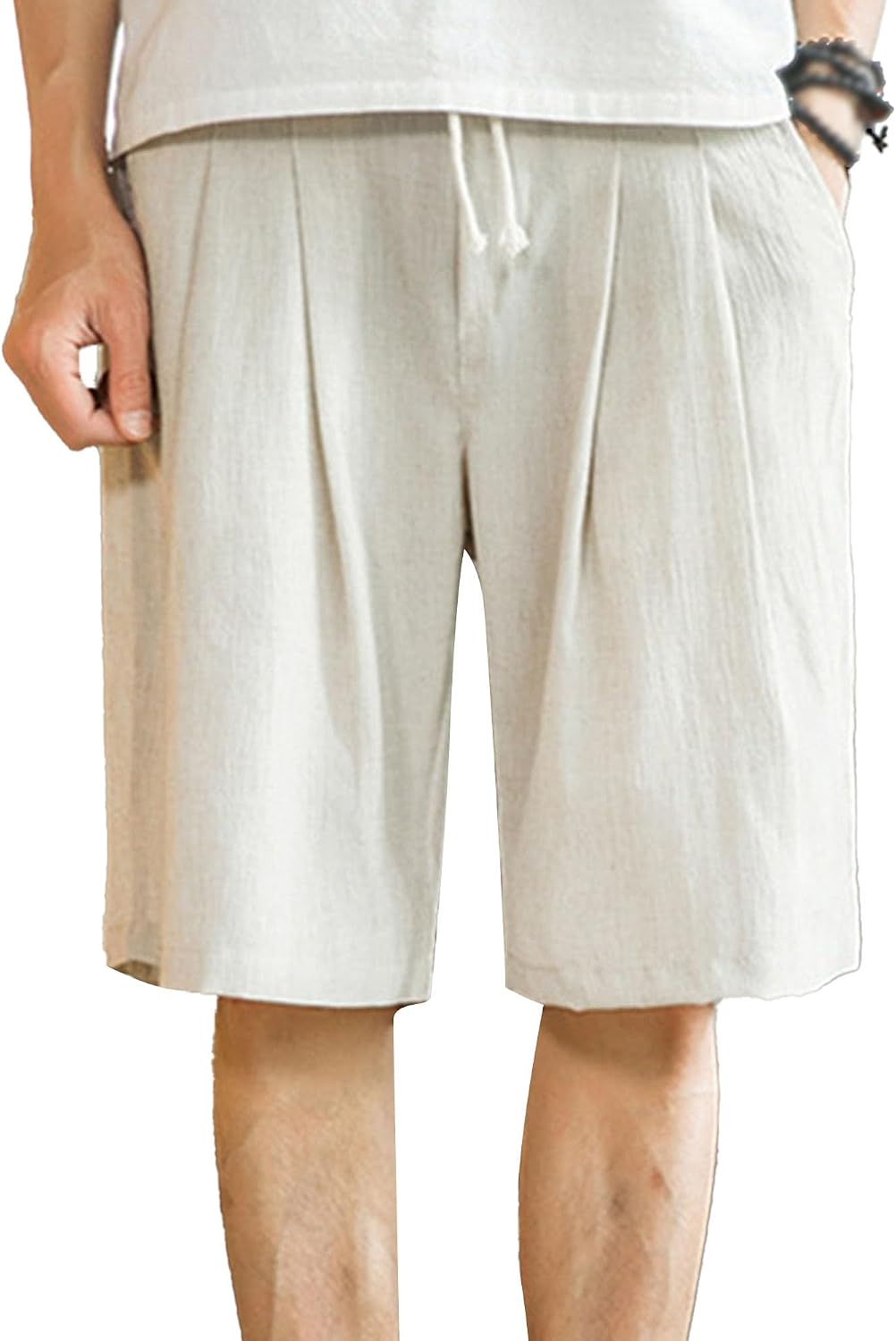 Men's Drawstring Cotton Linen Casual Thin Shorts Classic Fit Trend Lounge Shorts Solid Stretch Summer Beach Shorts