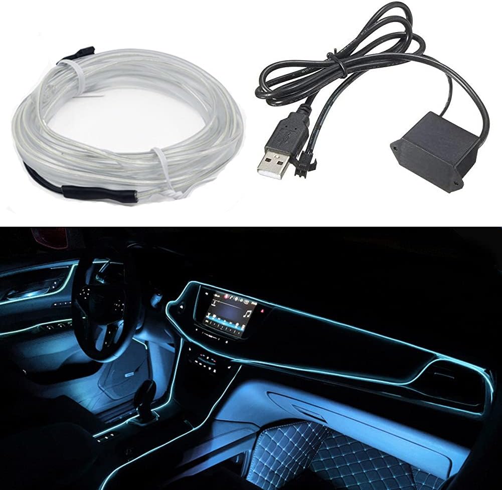 ABALDI El Wire Neon Light for Automotive Car Interior Exterior Decoration, Electroluminescent Wire Light with 5mm Sewing EDG, Bright Neon Light Strip USB 5V with Fuse Protectio(3m/9ft, Ice Blue)