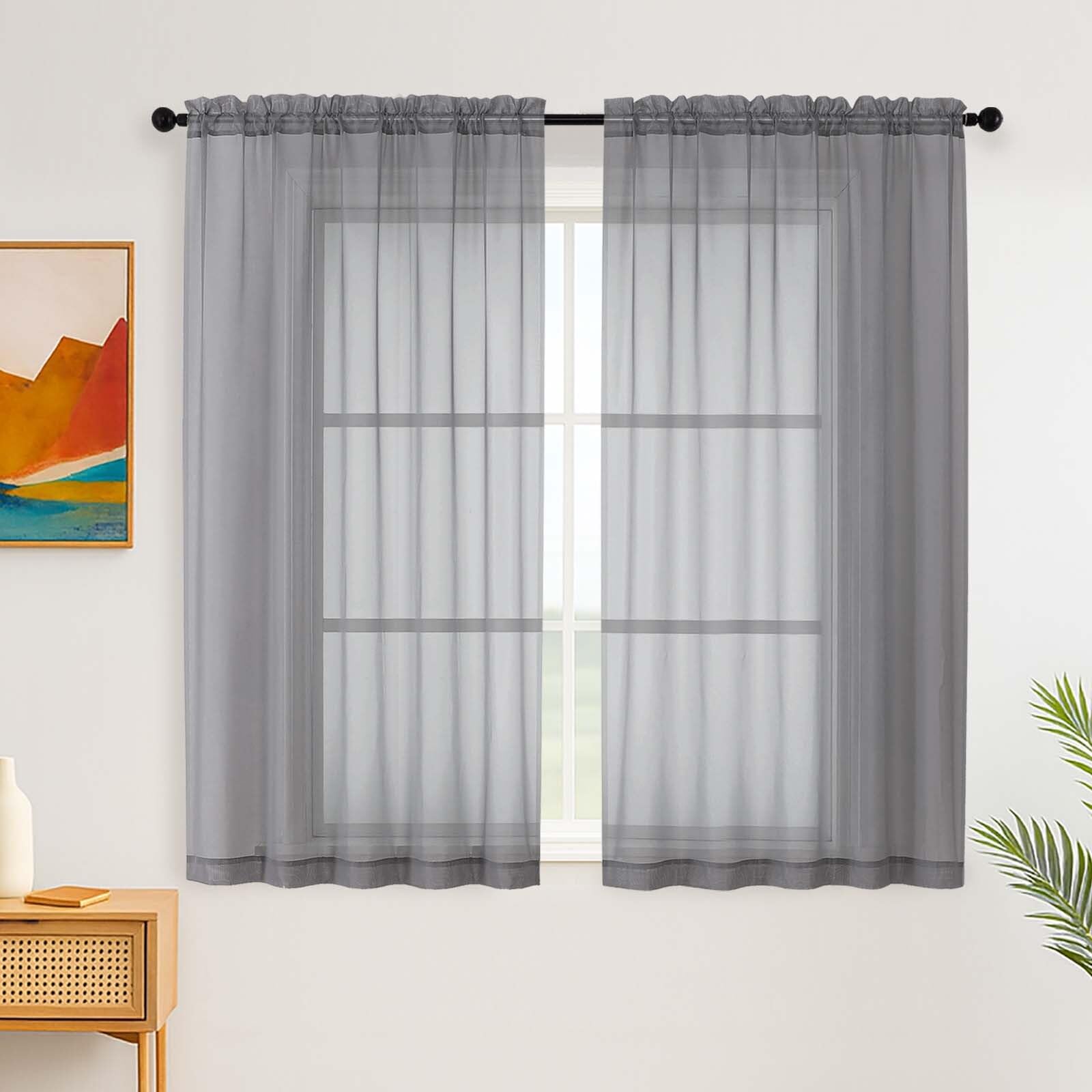 Simplebrand Grey Short Sheer Curtains for Bedroom, 137 cm Length, 2 Panels Set, Light Filtering Voile Home Curtains & Drapes, Rod Pocket Window for Living Room (Grey, 150cm W x 137cm L) — image 1