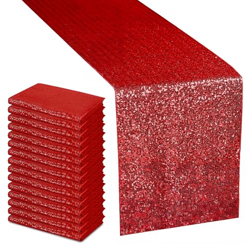 Trimming Shop 11x108 Inch Shimmer Sequin Table Runner Glitter Table Runner Overlay Sequin Table Linen Fabric for Dining Party Wedding Reception Banquet Table Decoration Red 1pc