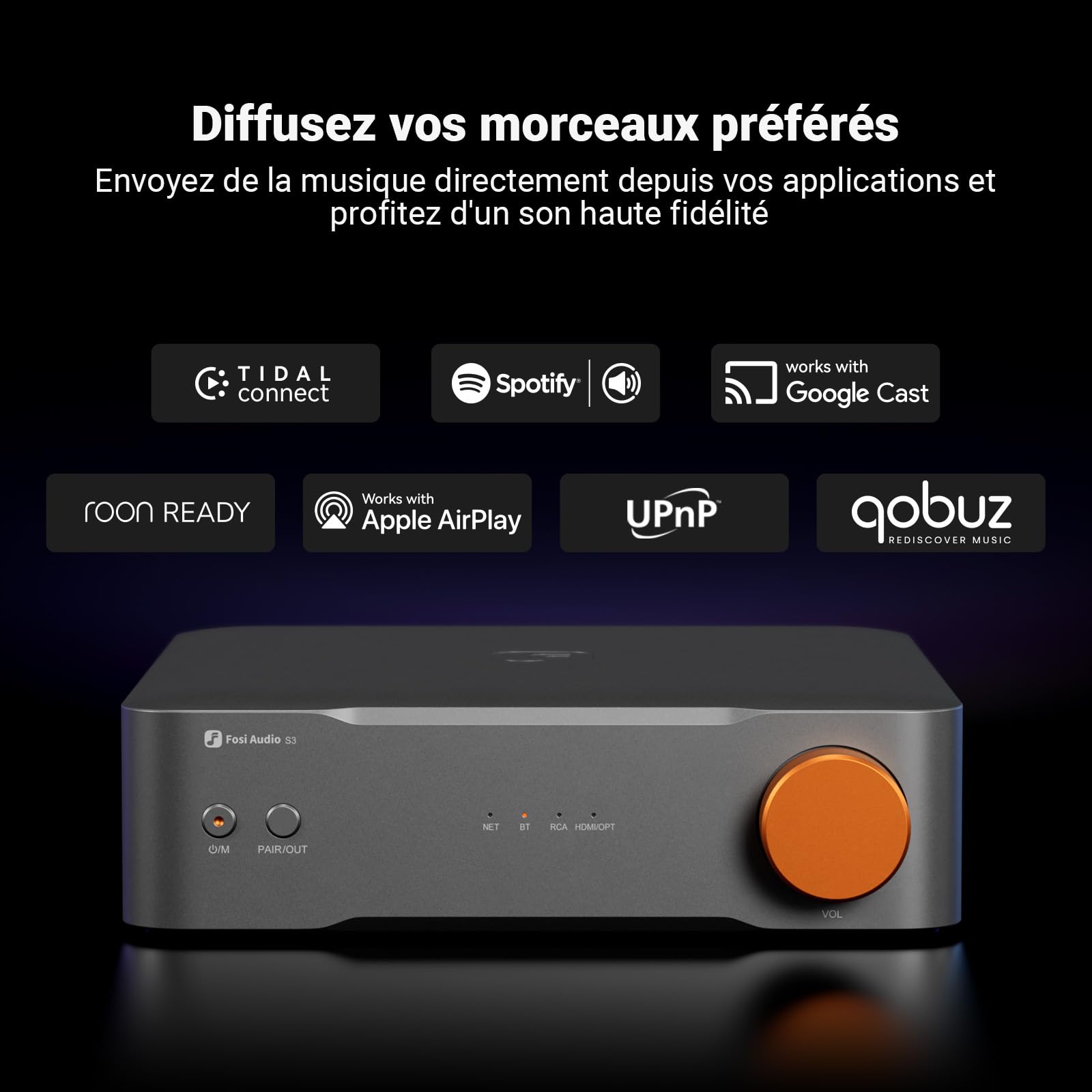 Fosi Audio S3 Music Streamer & Préampli DAC HiFi, AK4493SEQ DAC Wi-FI 6 Bluetooth 5.3, Transport Numérique avec XLR Symétrique/Opt/Sub/HDMI eARC, AirPlay 2 Spotify Connect Tidal, Égaliseur 10 Bandes | AK4493SEQ DAC, Wi-Fi 6 Bluetooth 5.3, XLR équilibré/op