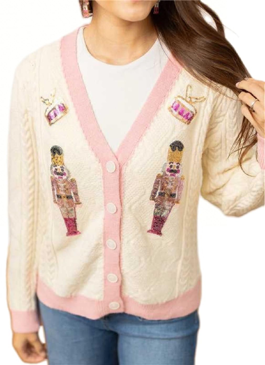 Women Christmas Cardigan Sweaters Cute Santa Button Up Ribbed Knit Cardigans Fall Crop Holiday Sweaters Teen Girls