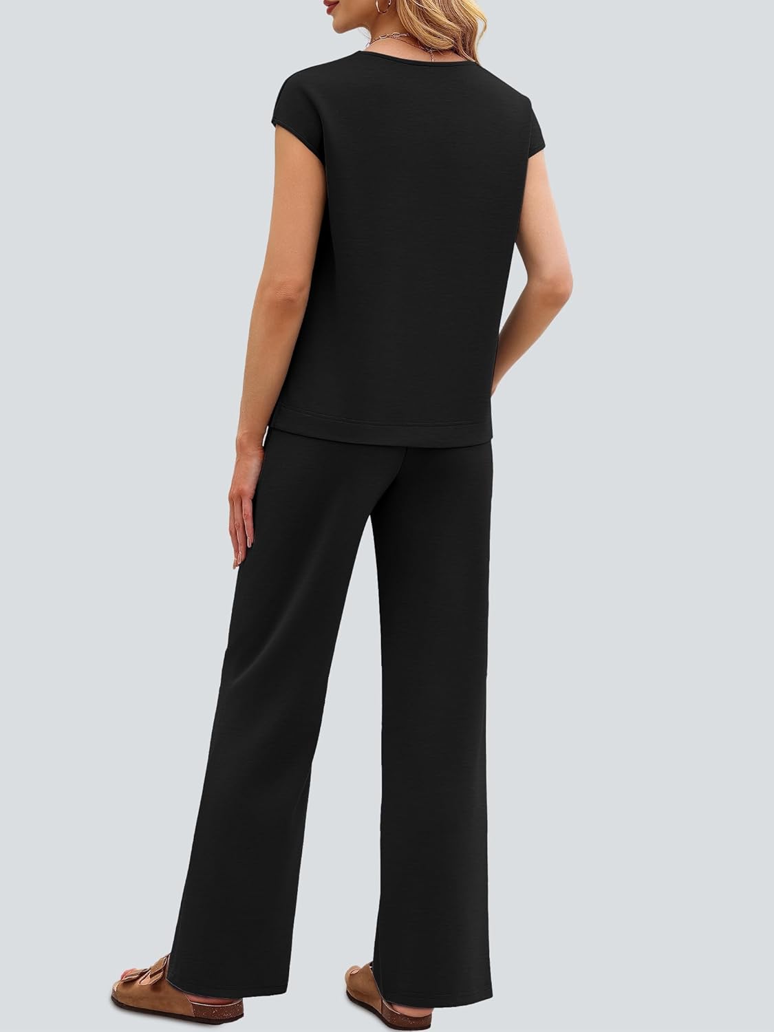 Casly Lamiit Two Piece Sets for Women Summer Travel Outfits V Neck Cap Sleeve Top Wide Leg Pant Set Casual Lounge Clothes - Image 5