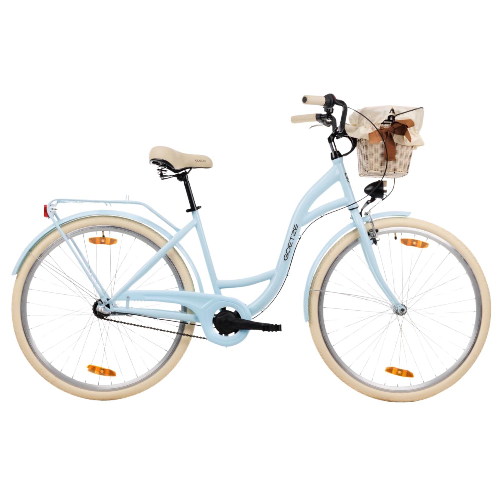 Goetze Style 28 Zoll Damen Citybike, 18 Zoll Tiefeinsteiger, 3-Gang Nabenschaltung, Rücktrittbremse und V-Bremse, LED-Beleuchtung, Rattankorb, Komfortsattel, mit Seitenständer & Klingel Sport & Freizeit