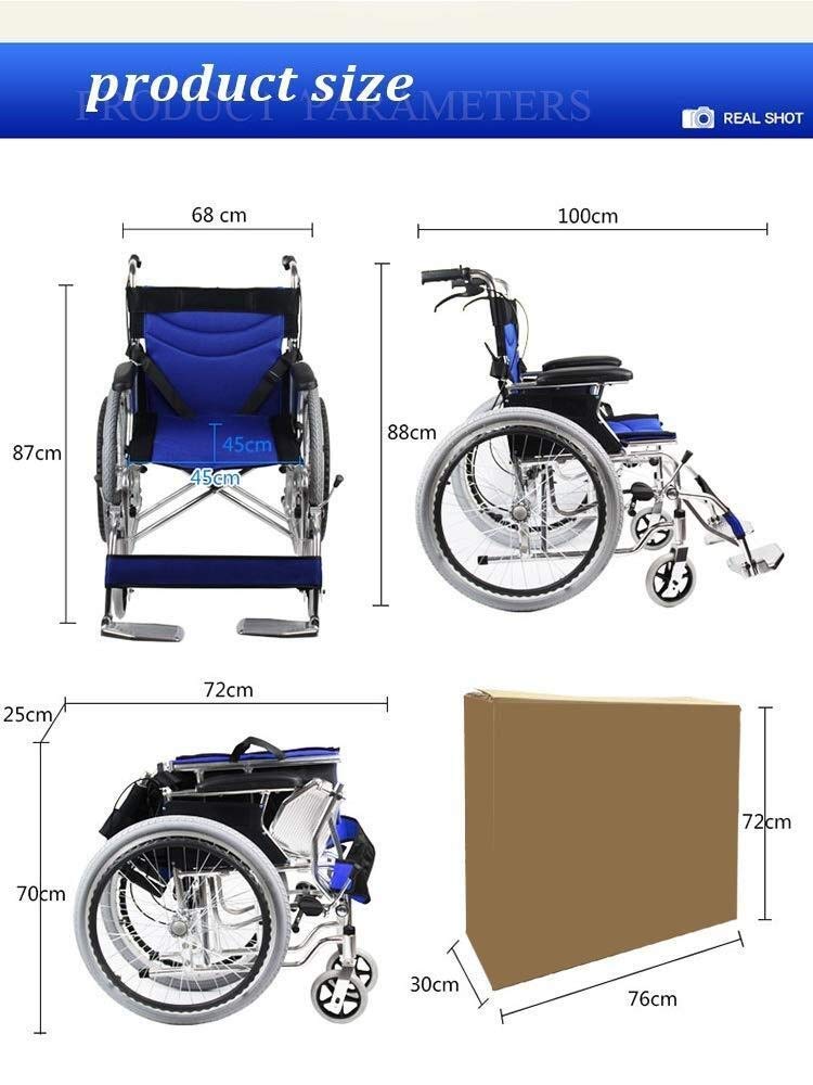 Sillas de Ruedas, Coche de Viaje con Empuje para Ancianos, Silla de Ruedas Ligera y Plegable de Aluminio con reposabrazos/pie/neumático Libre, transportador para discapacitados, portátil (Azul)