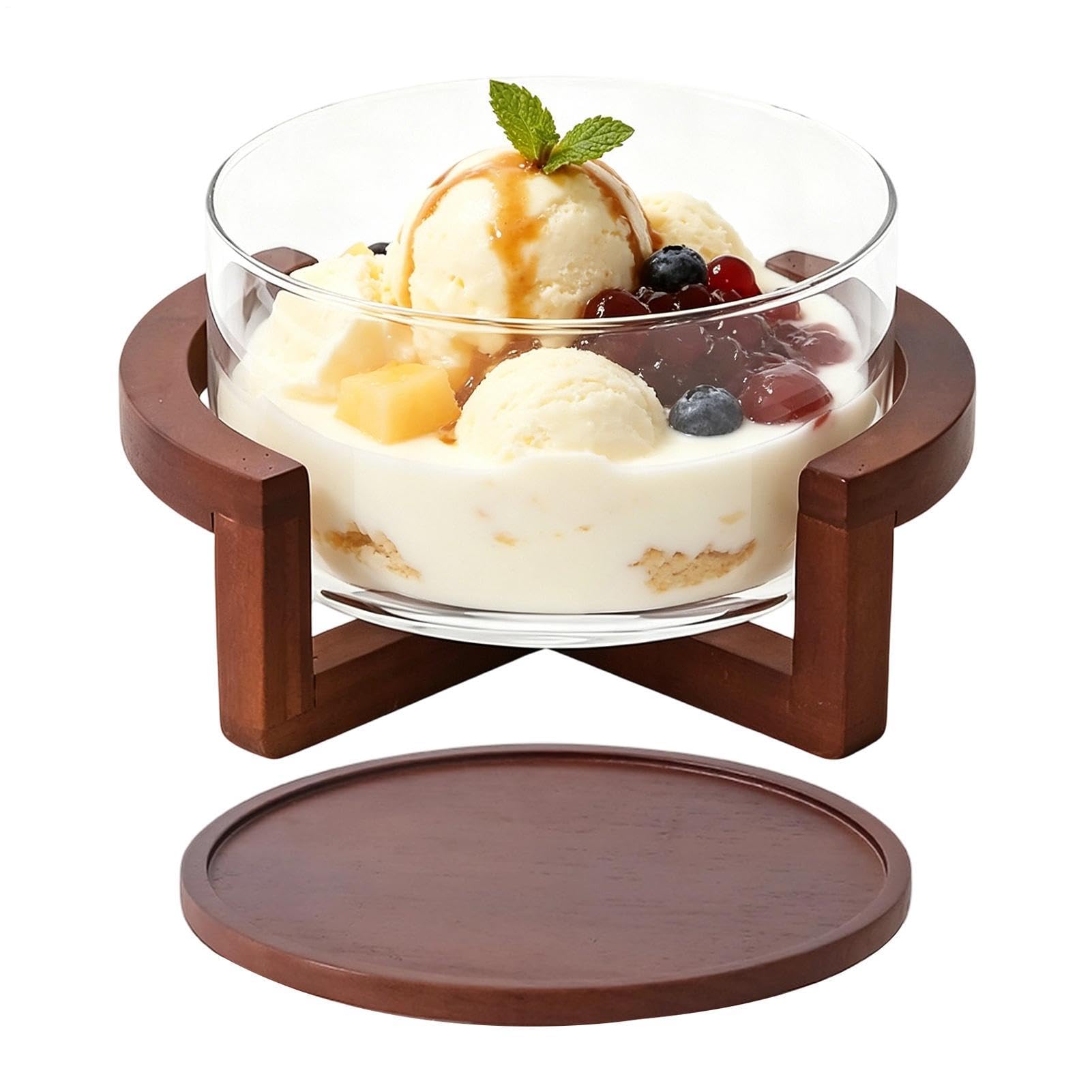 Ensaladera de Vidrio 1800ml Gran Capacidad Alimenticio con Base de Madera | Bol Decorativo de Vidrio Transparente para Cocina Familia Cena Pasta Frutas Verduras Postres Pan