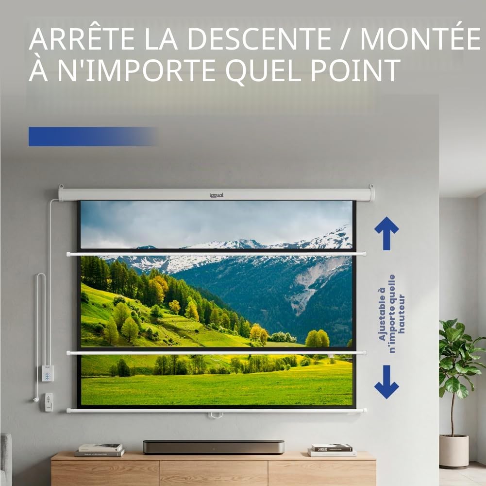 iggual Écran de Projection 84" Pouces - Électrique Enroulable - Panoramique 16:9 - Chute Réglable - Télécommande et Interrupteur Aux - Adapté Mur/Plafond - Compatible 4k, Tout Projecteur (184x104 cm)