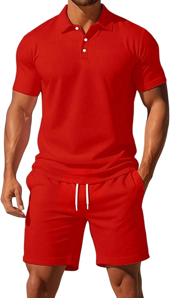 Mens Shorts and T Shirts Sets Mens 2 Piece Summer Outfits Lightweight Breathe 3 Button Ribbed Collar Golf Polo Shirt Drawstring Elastic Waist Knee Length Shorts with Pockets Solid Color Tracksuit Set