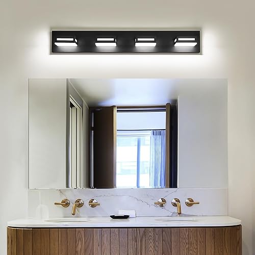 Miniatura 7 de Lámparas LED modernas para tocador (4 lámparas, 30 pulgadas), accesorios de iluminación para pared de baño acrílico negro mate sobre espejo (blanco