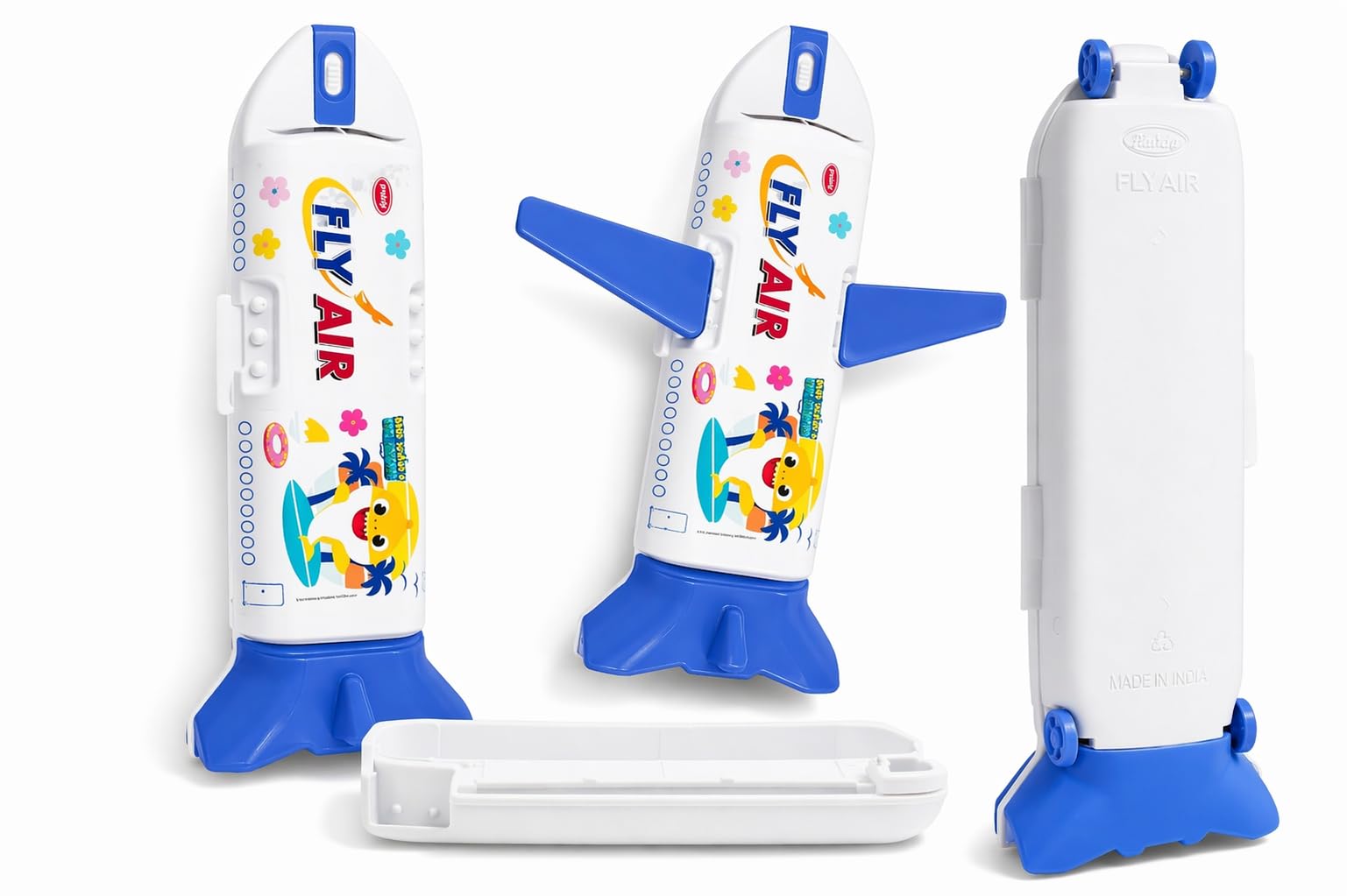 Kids Airplane Pencil Box with Stand & Wings | Plastic Rocket Shape Pencil Case for School | Durable Stationery Organizer for Boys & Girls (Blue & White)-image-17