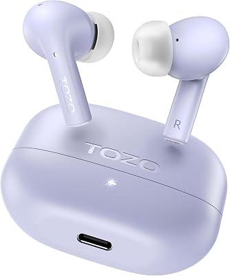 TOZO E2 Auriculares Inalámbricos Bluetooth 5.3 con ORIGX Acústico ENC Llamada Ultraligero EQs Ajuste Gaming Modo 30H Reproducción USB Tipo C, Morado