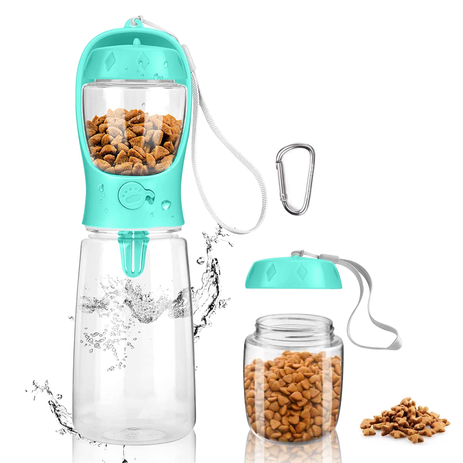 MYOWELL Tragbare Trinkflasche Hunde - 550ml Hundetrinkflasche für Unterwegs mit 100g Hundefutter Becher, für Große Kleine Hunde Leckdichte Wasserflasche