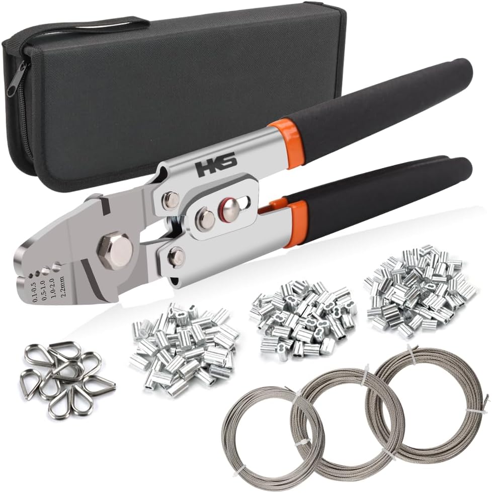 HKS Wire Rope Crimping Tool Kit, 99FT Stainless Steel Wire Rope (3 Sizes), 180 Aluminum Double Sleeves (3 Sizes), 10 Thimbles