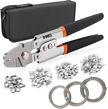 HKS Wire Rope Crimping Tool Kit, 99FT Stainless Steel Wire Rope 3 Sizes, 180 Aluminum Double Sleeves 3 Sizes, 10 Thimbles