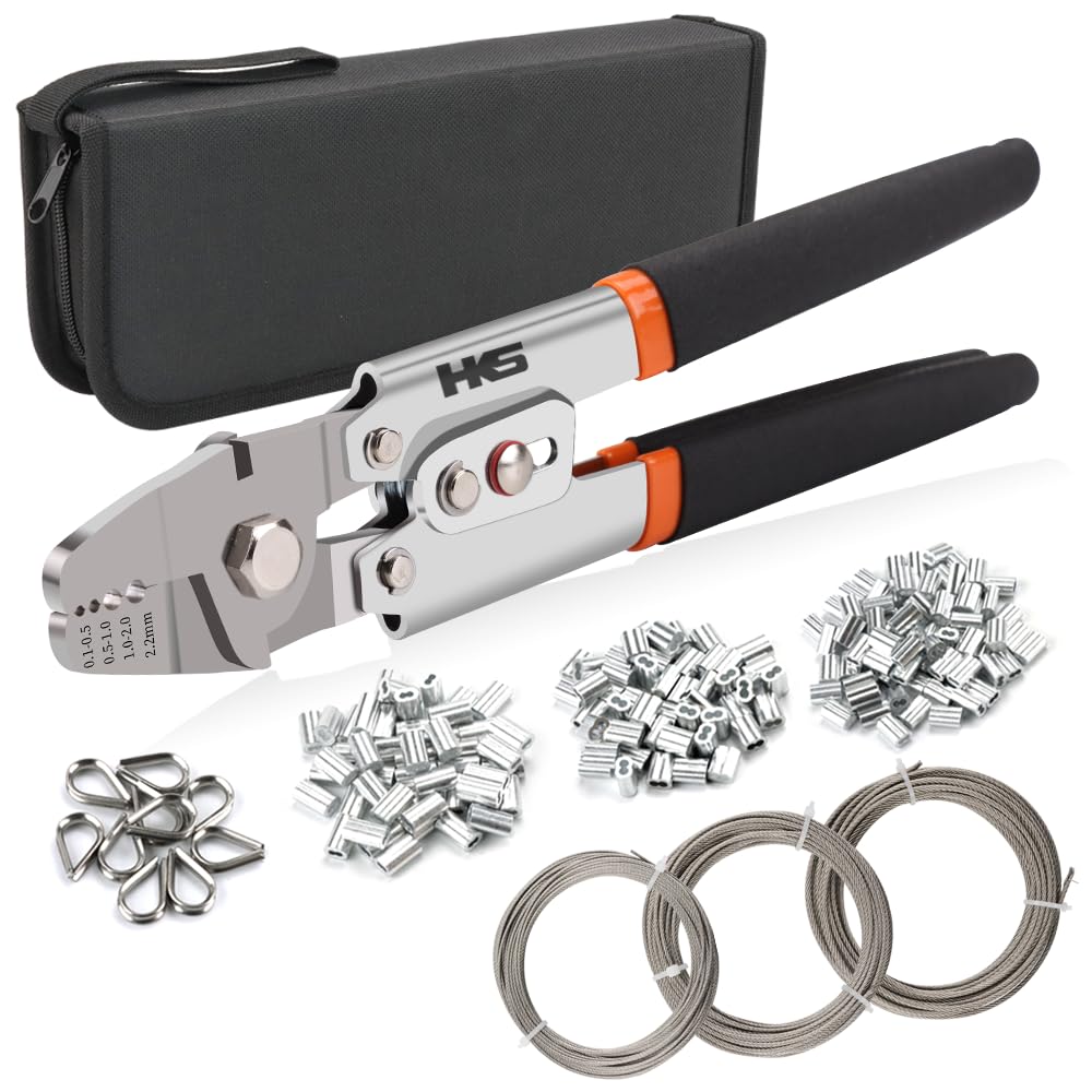 HKS Wire Rope Crimping Tool Kit, 99FT Stainless Steel Wire Rope (3 Sizes), 180 Aluminum Double Sleeves (3 Sizes), 10 Thimbles